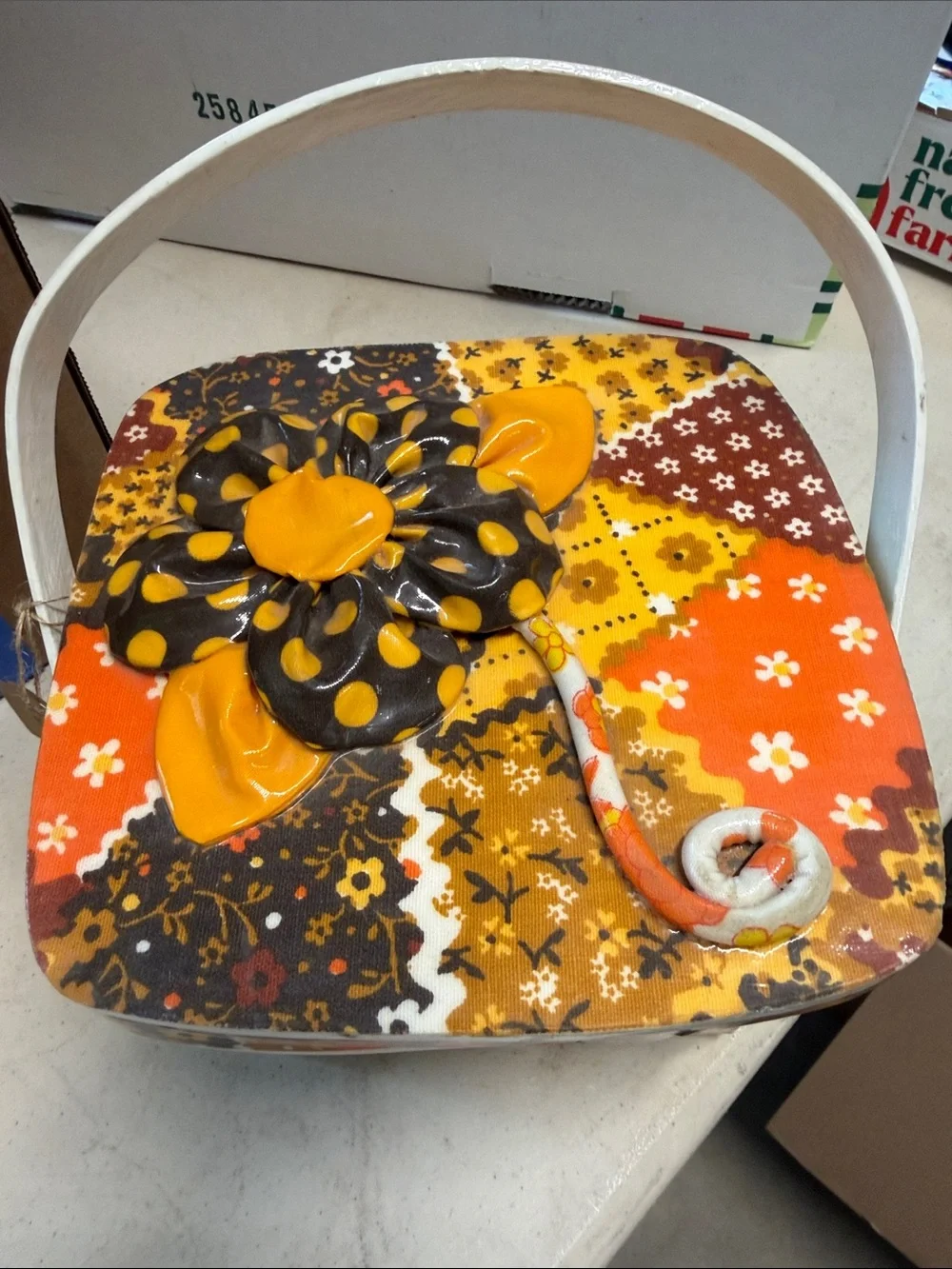 Vintage-Style Custom Made Orange Patchwork with  Flower Accent Basket